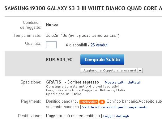 samsung galaxy s3 prezzo Samsung Galaxy S3 prezzo